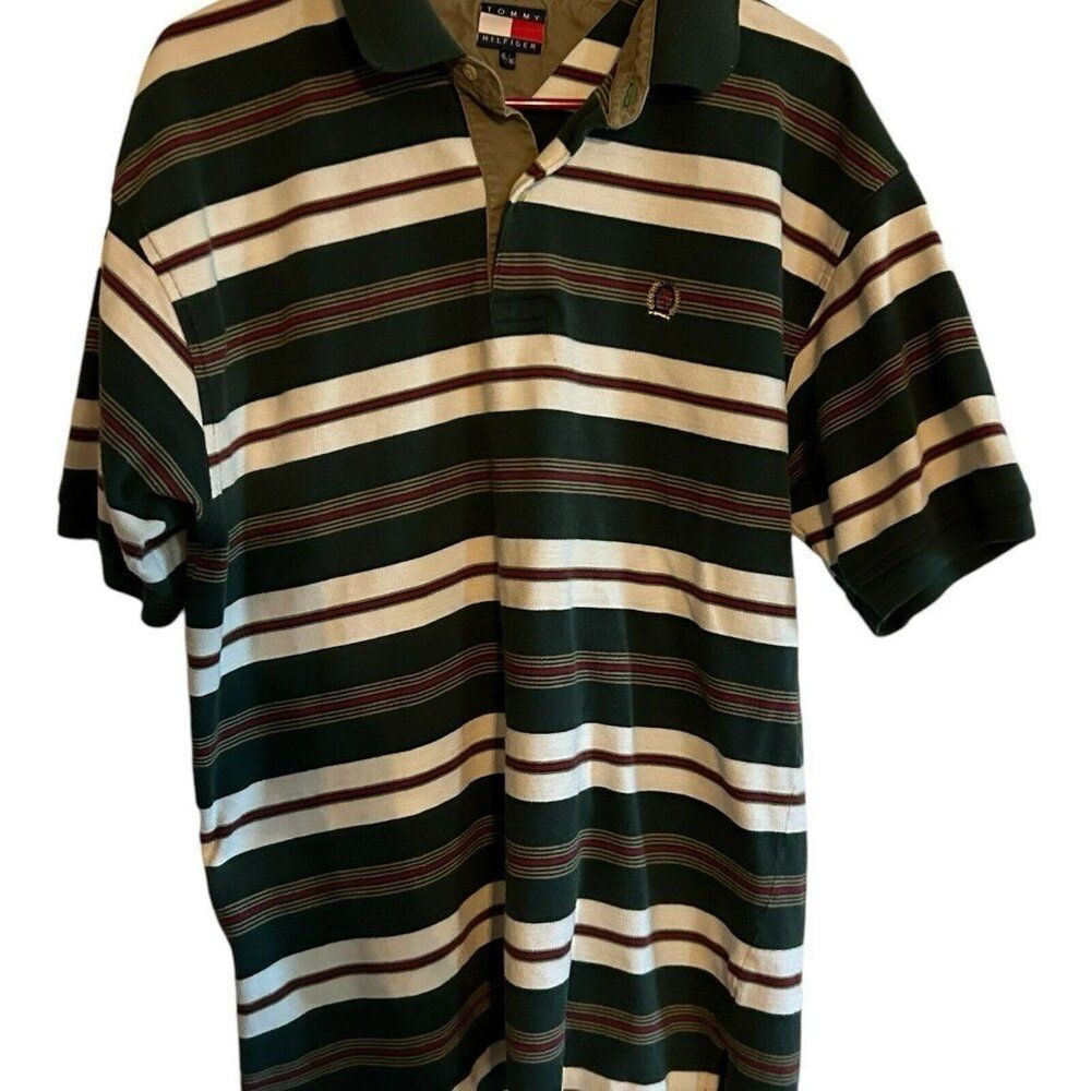 Vintage 90s Tommy Hilfiger Polo Shirt Size XL Green Striped Cotton Lion Crest